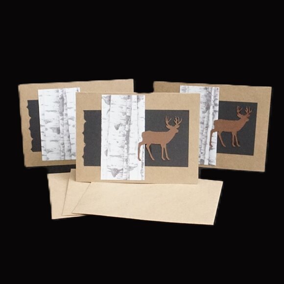 Set of 3 Kraft Birch Tree Deer Woodland Handmade Note Cards - Picture 1 of 3